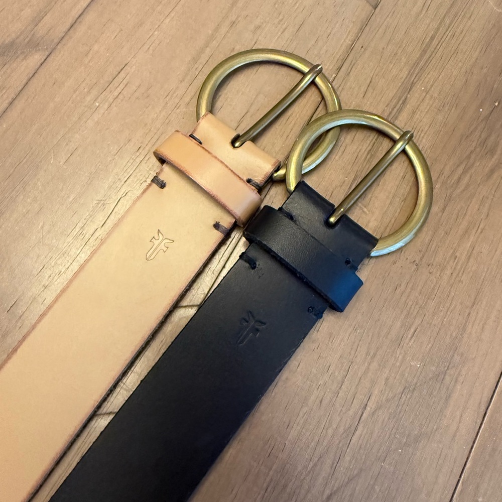 Frye Black and Tan Leather Belts with Gold Buckles